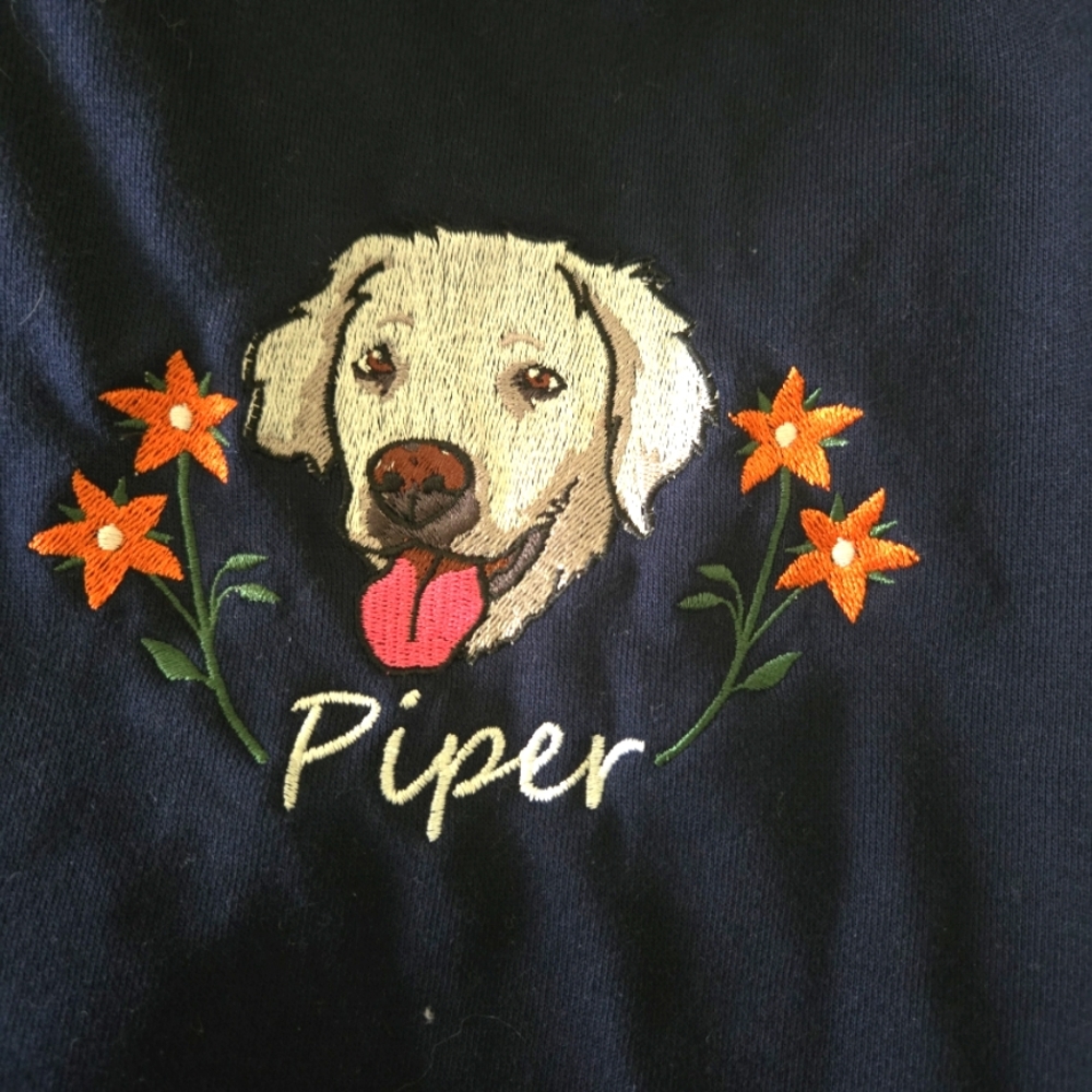 Womens Navy hooded sweatshirt. Medium. Piper, Golden Retriever Face. New, unworn